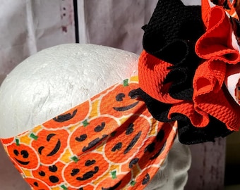 Halloween pumpkin baby head wrap  baby pumpkin headband messy bow stretchy headband  shredded baby head wrap