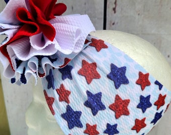 July 4th shredded ruffle baby head wrap baby headband messy bow