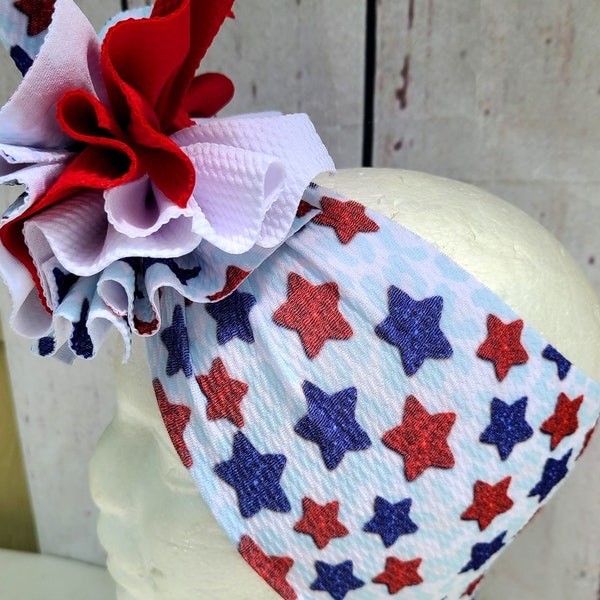 July 4th shredded ruffle baby head wrap baby headband messy bow