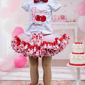 Cherry tutu and shirt with bow personalized shirt cake smash 1st 2nd 3rd 4th 5th birthday outfit