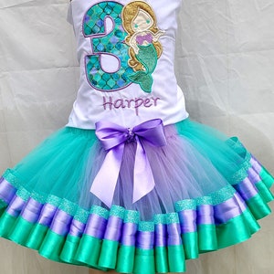 Mermaid outfit  tutu and shirt any name and number personalized shirt mermaid birthday photo shoot cake smash