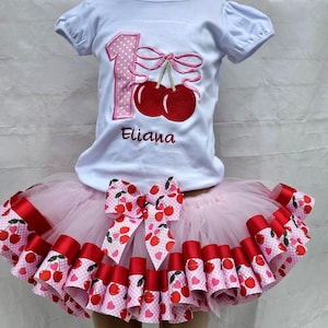 Cherry tutu and shirt with bow personalized shirt cake smash 1st 2nd 3rd 4th 5th birthday outfit