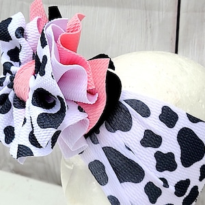 pink cow baby head wrap baby headband messy bow stretchy headband farm birthday headband