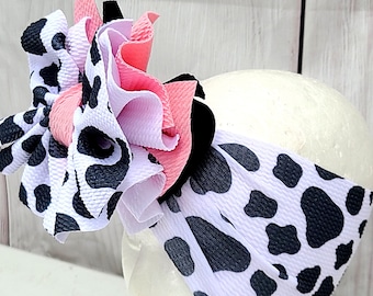 pink cow baby head wrap baby headband messy bow stretchy headband farm birthday headband