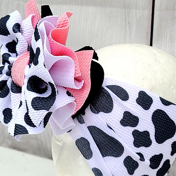 pink cow baby head wrap baby headband messy bow stretchy headband farm birthday headband