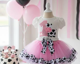 Pink Farm Cow Birthday Tutu Outfit, Personalized Barnyard Shirt