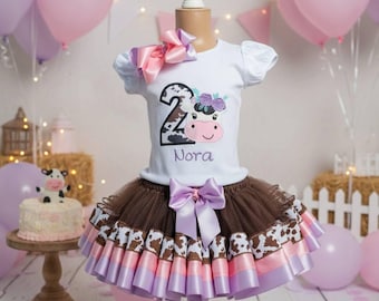 Personalized Cow Birthday Outfit: Tutu, Shirt & Hair Bow