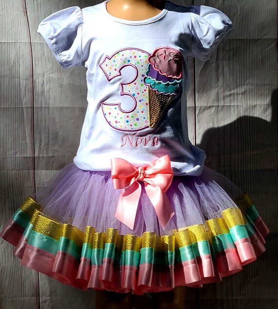 Girls Ice Cream Birthday Outfit Tutu and Shirt Any Name and Number