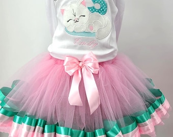 Cat  kitten tutu and shirt any name and number personalized shirt cake smash cat birthday 1st 2nd 3rd 4th 5th 6th