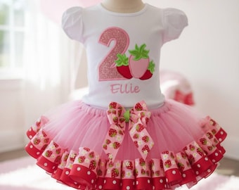 Strawberry tutu birthday outfit personalized shirt cake smash any number