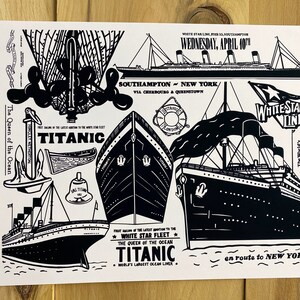 May include: A black and white illustration of the RMS Titanic, the "Queen of the Ocean", with the text "White Star Line" and "The World's Largest Liner".
