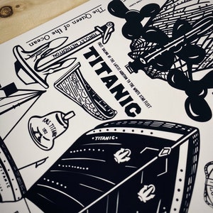 May include: Black and white illustration of the RMS Titanic, a large ocean liner. The illustration includes the ship's name, "Titanic", and the text "First Sailing of the Latest Addition to the White Star Fleet".