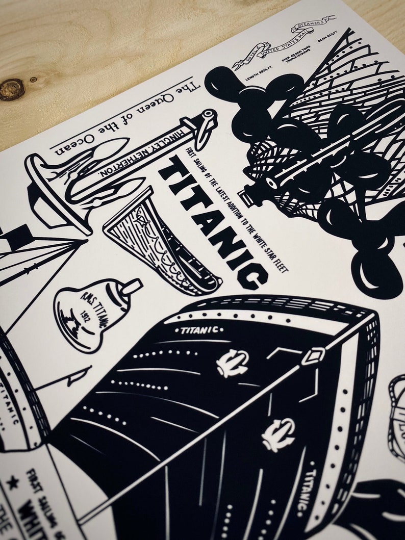 May include: Black and white illustration of the RMS Titanic, a large ocean liner. The illustration includes the ship's name, "Titanic", and the text "First Sailing of the Latest Addition to the White Star Fleet".