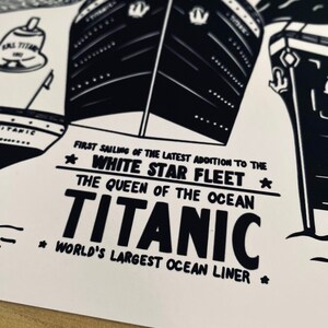 May include: Black and white illustration of the RMS Titanic, a large ocean liner. The text reads "First sailing of the latest addition to the White Star Fleet * The Queen of the Ocean TITANIC * World's Largest Ocean Liner *"
