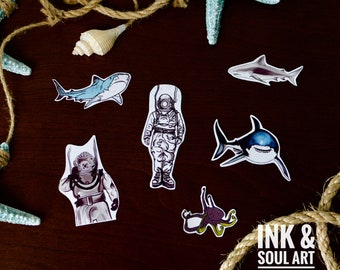 Scuba Diver & Shark Sticker Set, Glossy Vinyl (6 pc)