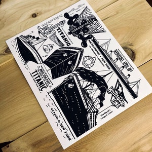 May include: Black and white illustration of the RMS Titanic, a large ocean liner, with the text "The Queen of the Ocean" and "White Star Fleet" on the ship. The text "TITANIC" is written in large letters on the side of the ship. The ship is shown sailing on the ocean with the text "en route to NEW YORK" below the ship. The text "The World's Largest Liner" is also included in the illustration.