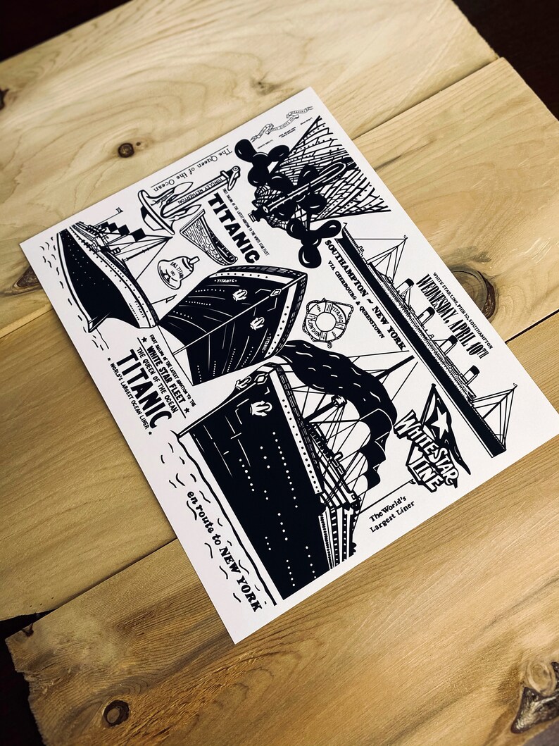 May include: Black and white illustration of the RMS Titanic, a large ocean liner, with the text "The Queen of the Ocean" and "White Star Fleet" on the ship. The text "TITANIC" is written in large letters on the side of the ship. The ship is shown sailing on the ocean with the text "en route to NEW YORK" below the ship. The text "The World's Largest Liner" is also included in the illustration.
