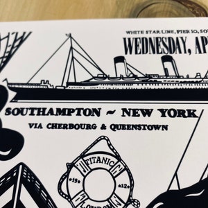 May include: Black and white illustration of the Titanic ship with the text "Southampton - New York" and "Via Cherbourg & Queenstown". A life preserver with the text "Titanic" and "London" is in the lower right corner.