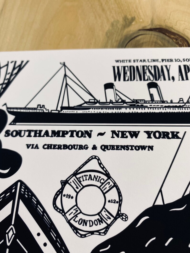May include: Black and white illustration of the Titanic ship with the text "Southampton - New York" and "Via Cherbourg & Queenstown". A life preserver with the text "Titanic" and "London" is in the lower right corner.