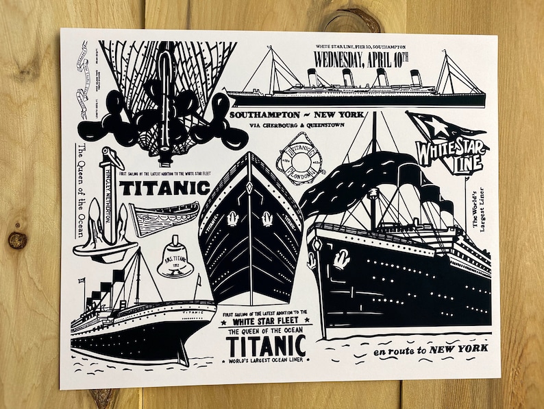 May include: A black and white illustration of the RMS Titanic, the "Queen of the Ocean", with the text "White Star Line" and "The World's Largest Liner".