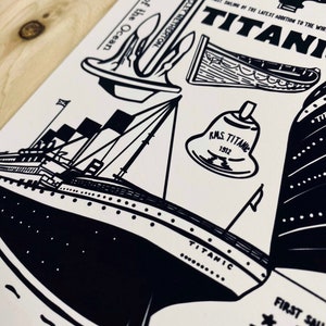 May include: Black and white illustration of the RMS Titanic, a ship with the text "The Queen of the Ocean" and "Titanic" on it. The illustration also includes a lifeboat, an anchor, and a bell with the text "RMS Titanic 1912".