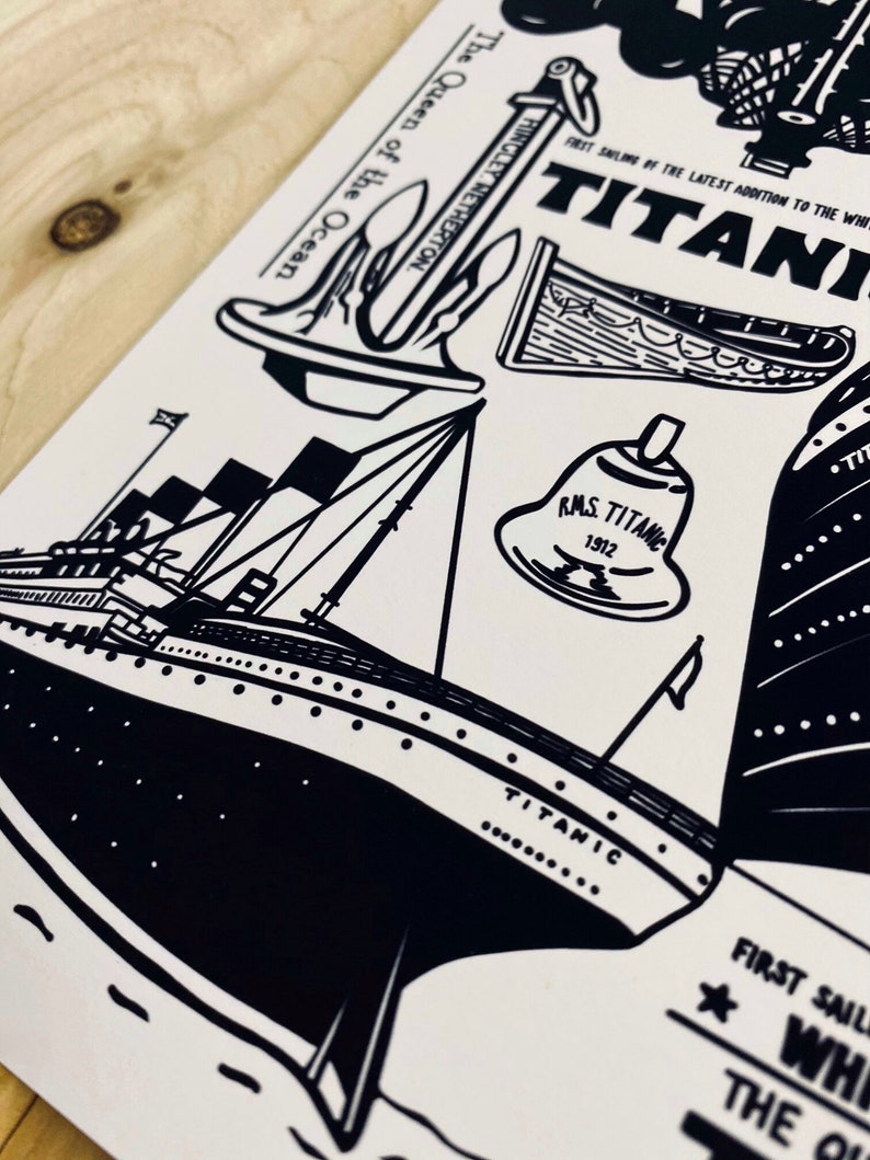May include: Black and white illustration of the RMS Titanic, a ship with the text "The Queen of the Ocean" and "Titanic" on it. The illustration also includes a lifeboat, an anchor, and a bell with the text "RMS Titanic 1912".