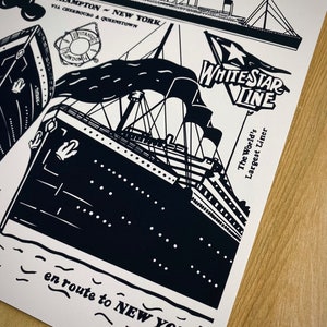 May include: A black and white illustration of the RMS Titanic, a passenger liner, sailing en route to New York. The image includes the text "White Star Line", "The World's Largest Liner", "Southampton - New York", "Wednesday, April 10th", and "en route to New York".