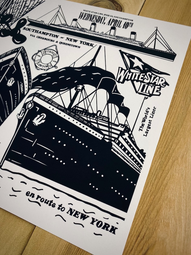 May include: A black and white illustration of the RMS Titanic, a passenger liner, sailing en route to New York. The image includes the text "White Star Line", "The World's Largest Liner", "Southampton - New York", "Wednesday, April 10th", and "en route to New York".