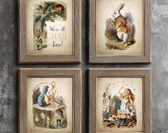 Alice in Wonderland Wall Art Print Set of 4, Vintage Nursery Home Decor, Antique Children Book Illustrations, Girls Room Wall Art
