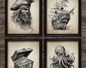 Pirate Wall Art Set Of 4, Printable Pirates, Pirate Bedroom, Pirate Ship, Pieces Of Eight, Treasure, Kraken #4152 INSTANT DOWNLOAD