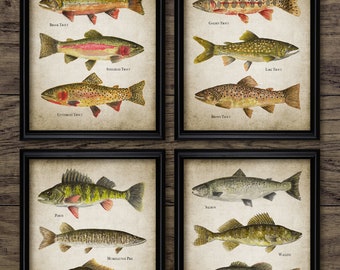 Fish Watercolour Painting Set Of 4, Printable Fish Painting, Angling, Fisherman, Trout, Carp, Bass Fishing Gift #3884 INSTANT DOWNLOAD