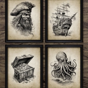 Pirate Wall Art Set Of 4, Printable Pirates, Pirate Bedroom, Pirate Ship, Pieces Of Eight, Treasure, Kraken #4152 INSTANT DOWNLOAD