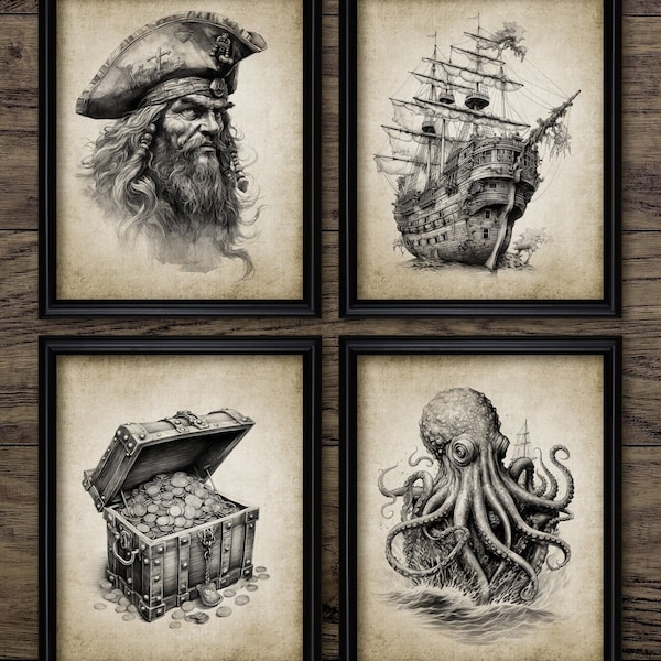 Pirate Wall Art Set Of 4, Printable Pirates, Pirate Bedroom, Pirate Ship, Pieces Of Eight, Treasure, Kraken #4152 INSTANT DOWNLOAD