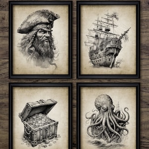 Pirate Wall Art Set Of 4, Printable Pirates, Pirate Bedroom, Pirate Ship, Pieces Of Eight, Treasure, Kraken #4152 INSTANT DOWNLOAD