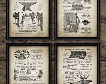 Ensemble de 4 affiches publicitaires pour forgeron, à imprimer : forge, métallurgiste, enclume, forge, pinces, travail du métal, artisan, forge #3046. Téléchargement instantané.