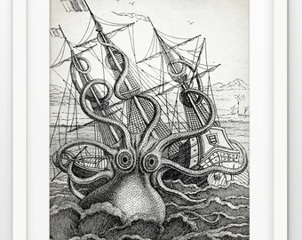 May include: A black and white illustration of a giant octopus attacking a sailing ship. The octopus has large eyes and tentacles wrapped around the ship's masts.