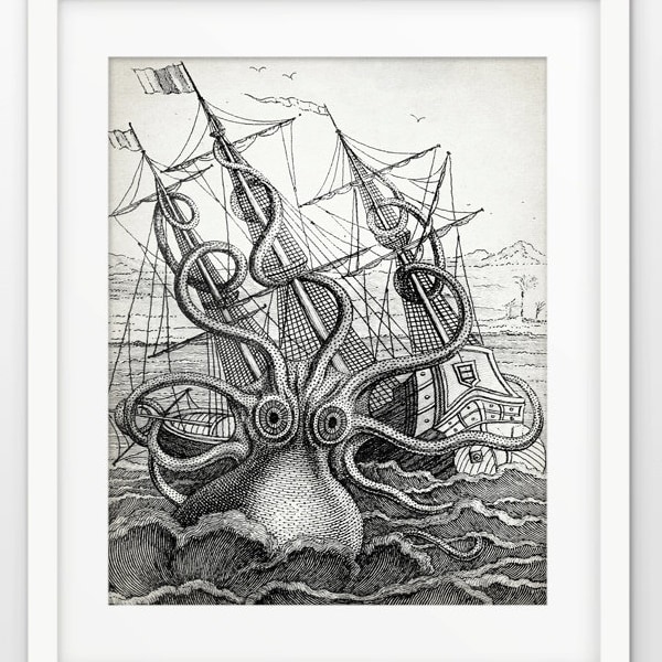 Kraken Wall Art, Printable Sea Monster, Kraken Bathroom Art, Ship Attack, Giant Octopus, Vintage Bathroom, Mollusc #1711 INSTANT DOWNLOAD