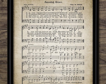 May include: A vintage sheet music print of the hymn "Amazing Grace" by John Newton. The lyrics are printed in black ink on a cream-colored paper background. The sheet music includes musical notes and a treble clef.
