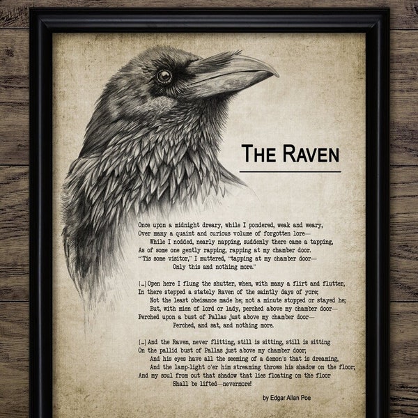 The Raven Poem, Edgar Allen Poe, Printable Raven Art, Supernatural, Talking Raven, Bird Art, English Language #4004 INSTANT DOWNLOAD