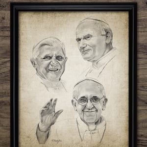 Pope Pencil Drawing, Printable Pope Drawing, John Paul II, Benedict XVI, Francis, Religious Christian Church Art #3209 Instant Download