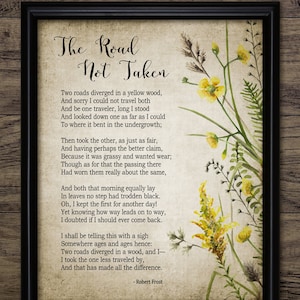 The Road Not Taken-gedicht, 1916 Robert Frost, aquarel bloemen schilderen, beroemd gedicht, afdrukbaar gedicht, woonkamerkunst #3574 INSTANT DOWNLOAD