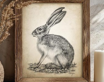 Hare Pencil Drawing, Cute Animal Decor, Rabbit Wall Art, Woodland Meadow Wildlife Sketch