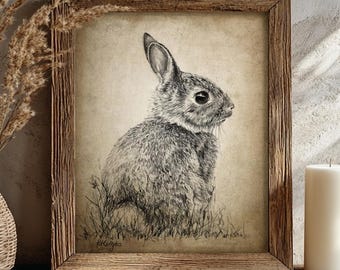 Rabbit Pencil Drawing, Cute Animal Decor, Bunny Wall Art, Woodland Wildlife Sketch