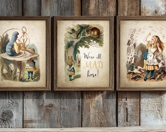 Alice in Wonderland Wall Art Print Set of 3, Vintage Nursery Home Decor, Antique Children Book Illustrations, Girls Room Wall Art