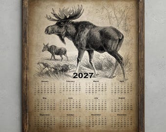 Moose Calendar 2027, Vintage Elk Drawing Poster, Rustic Woodland Animal, Big Game Hunting Decor, Antique Moose Wall Art