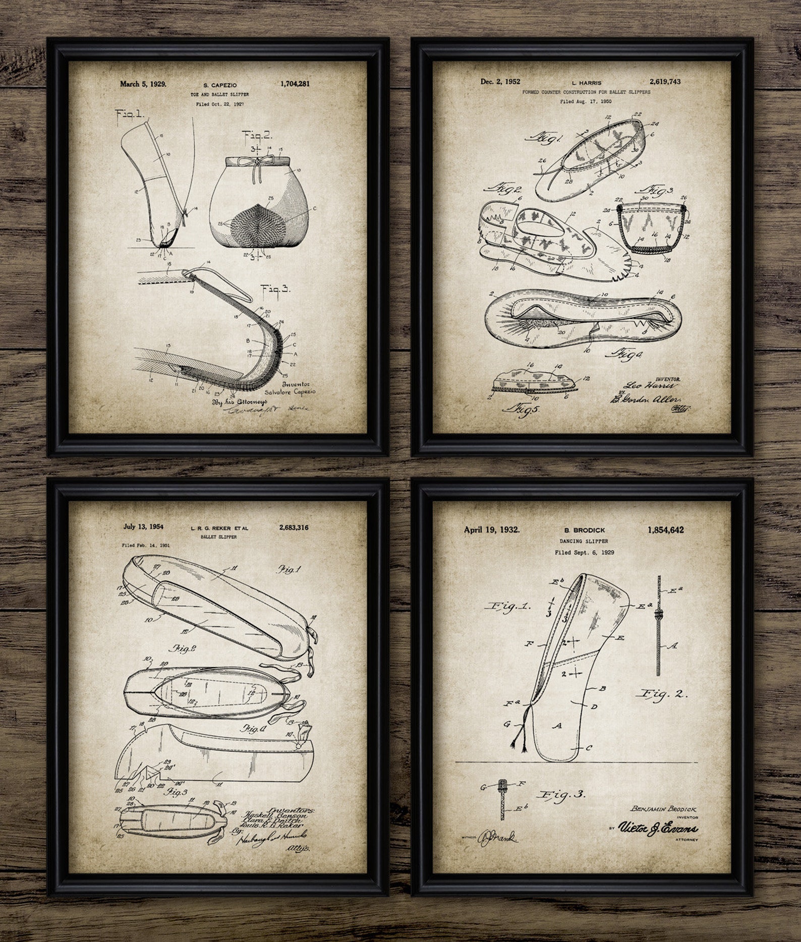 vintage ballet shoe patent set of 4, ballet slipper, dancing shoe, ballerina shoe design, ballet dancer art gift idea #3019 inst