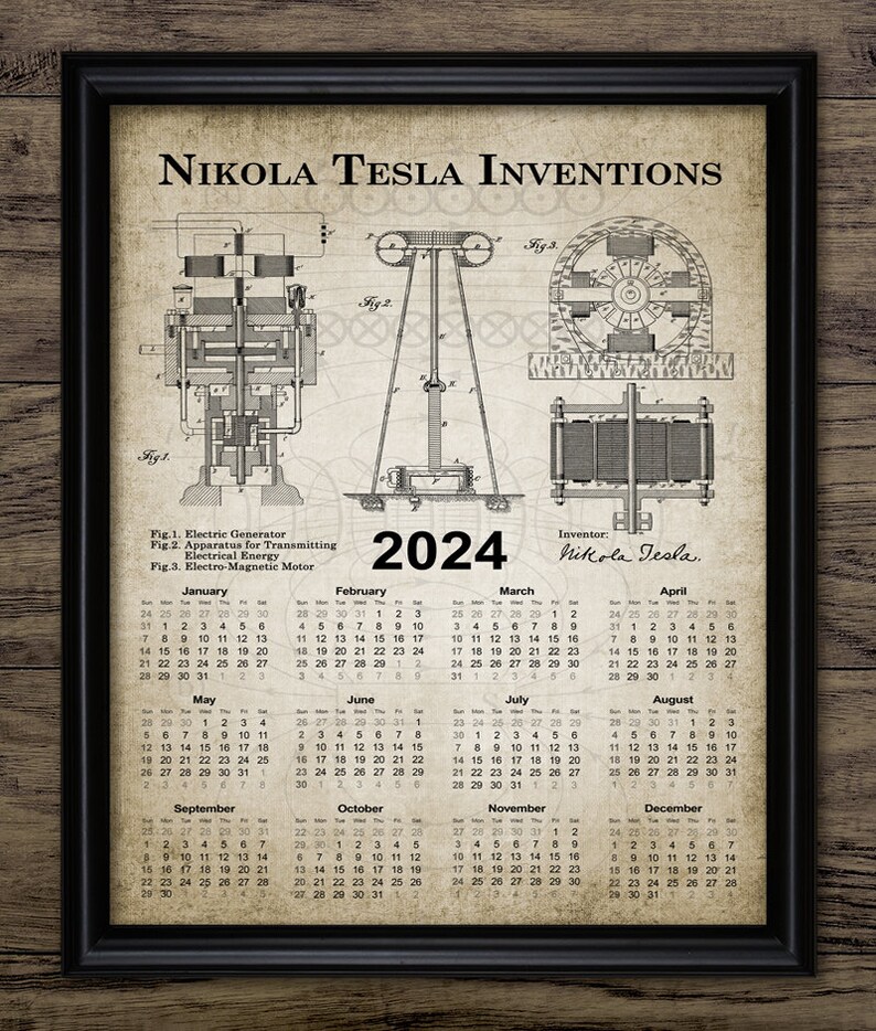 Tesla Kalender 2024, Vintage Nikola Tesla Erfindungen