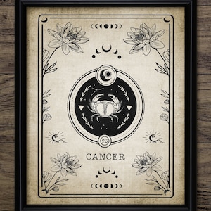 Cancer Sternzeichen Druck, Astrologie Illustration, Tarot Karte Wahrsagen, Startzeichen Vintage Wand Kunst #4024 SOFORT DOWNLOAD