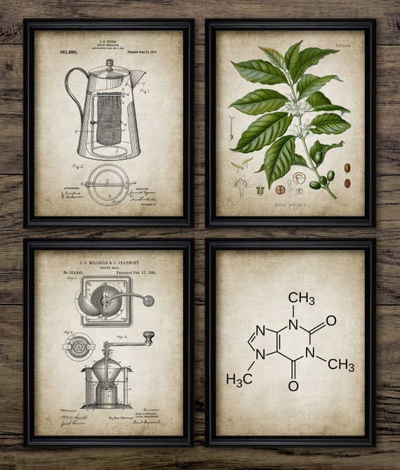 Barista Wall Art Set Of 4, Printable Coffee Percolator, Coffee Bean, Coffee Mill, Coffee Kitchen, Coffee Shop Caffeine #3912INSTANT DOWNLOAD