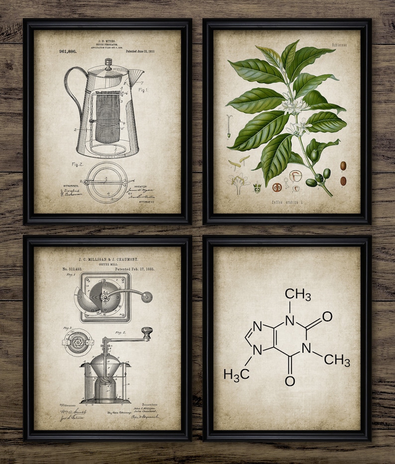 May include: Four framed vintage-style prints with black frames. The prints feature coffee-related illustrations: a coffee maker diagram, a botanical illustration of coffee plant, a coffee grinder diagram, and a caffeine molecule diagram.